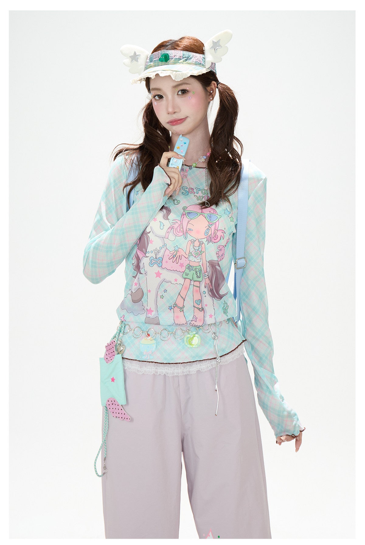 Pastel Anime Plaid Long Sleeve Top & Camo Lace-Trim Midi Skirt