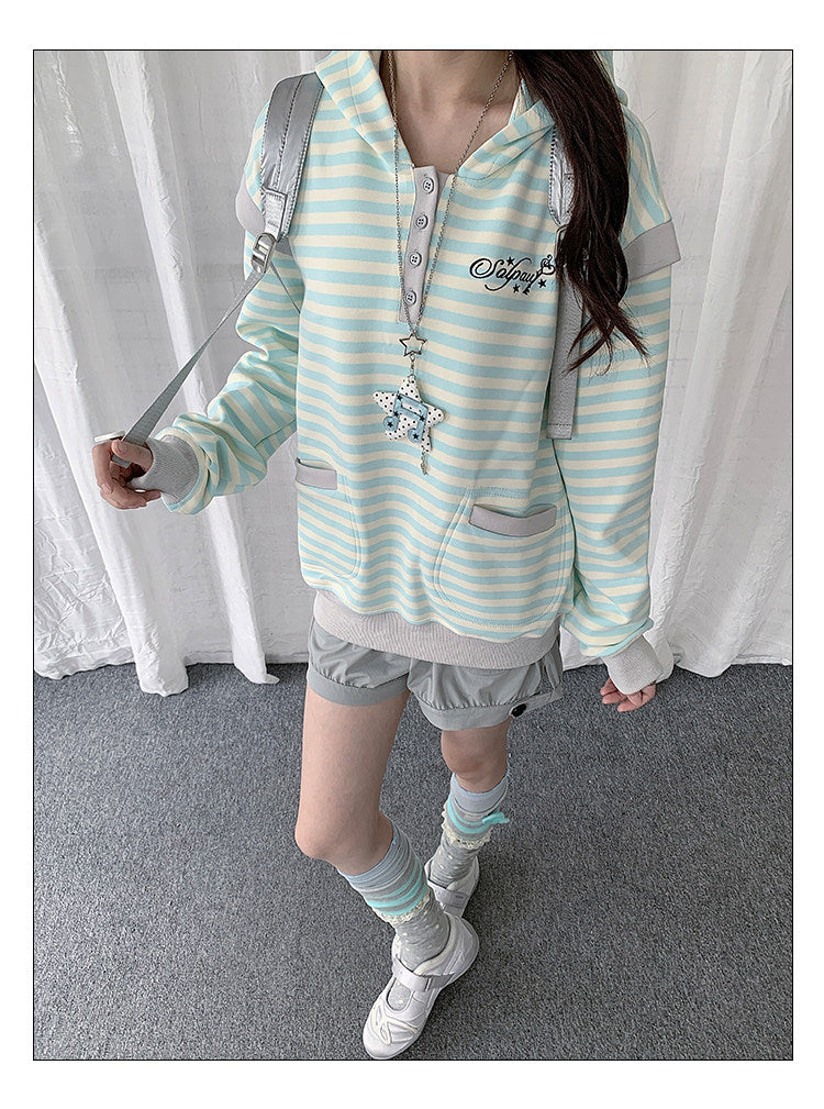Striped Half-Placket Hooded Pullover