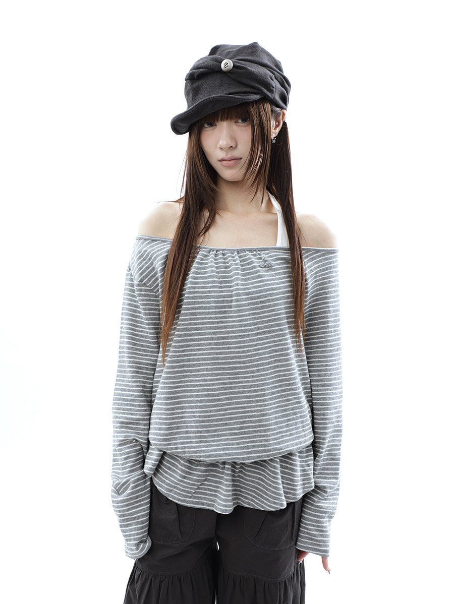 Striped Off-Shoulder Ruffle Layered Long Sleeve Top