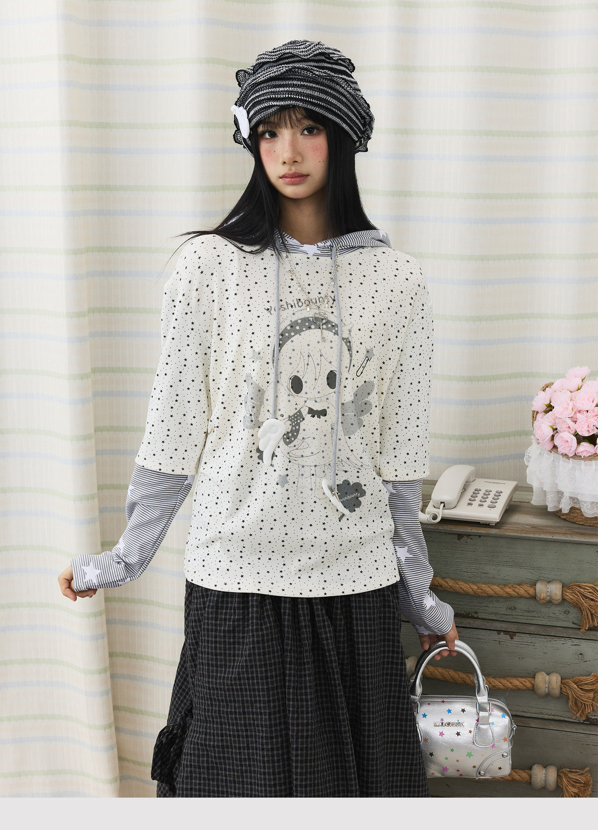 Cartoon Star Print Faux-Layer Hooded Top