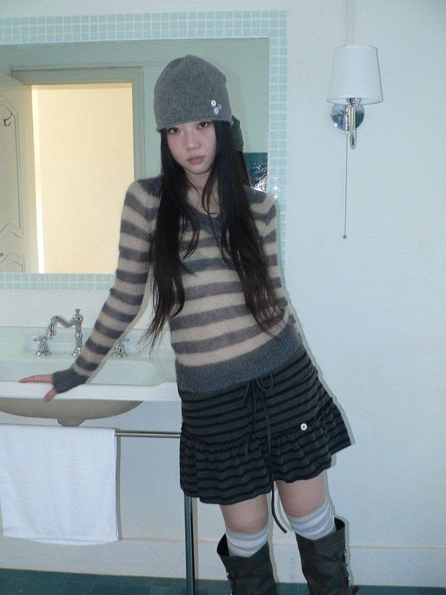Striped Pleated Tie-Waist Mini Skirt