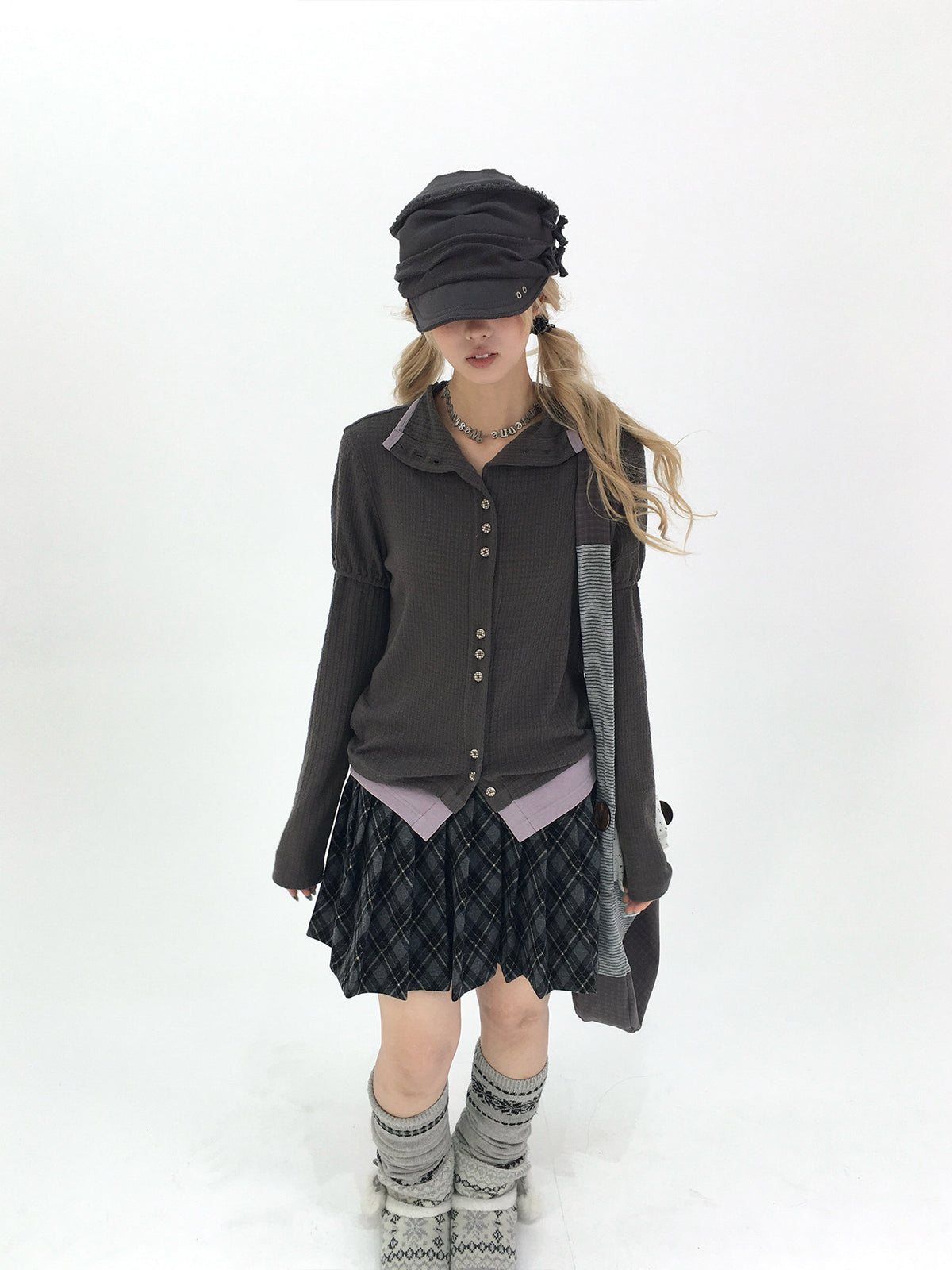 Charcoal Plaid Pleated A-Line Mini Skirt