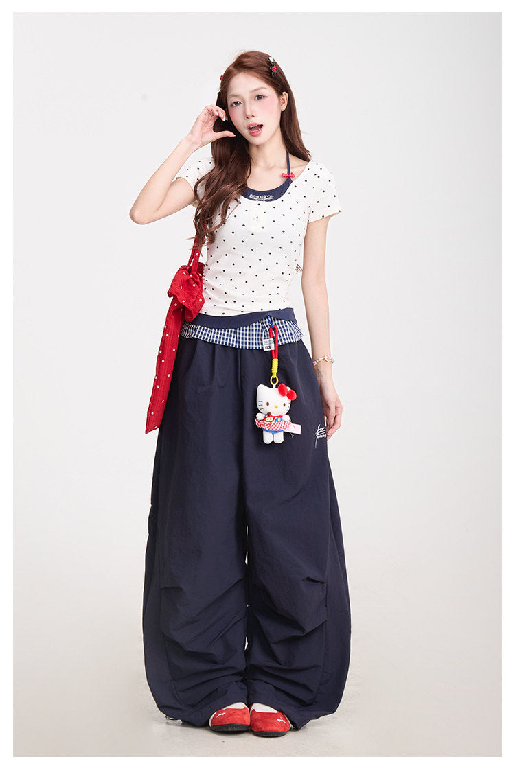 Polka Dot Baby Tee & Navy Wide-Leg Pants