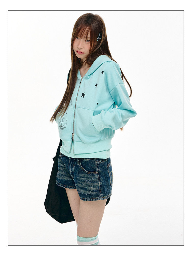 Mint Star Double-Zip Cropped Hoodie