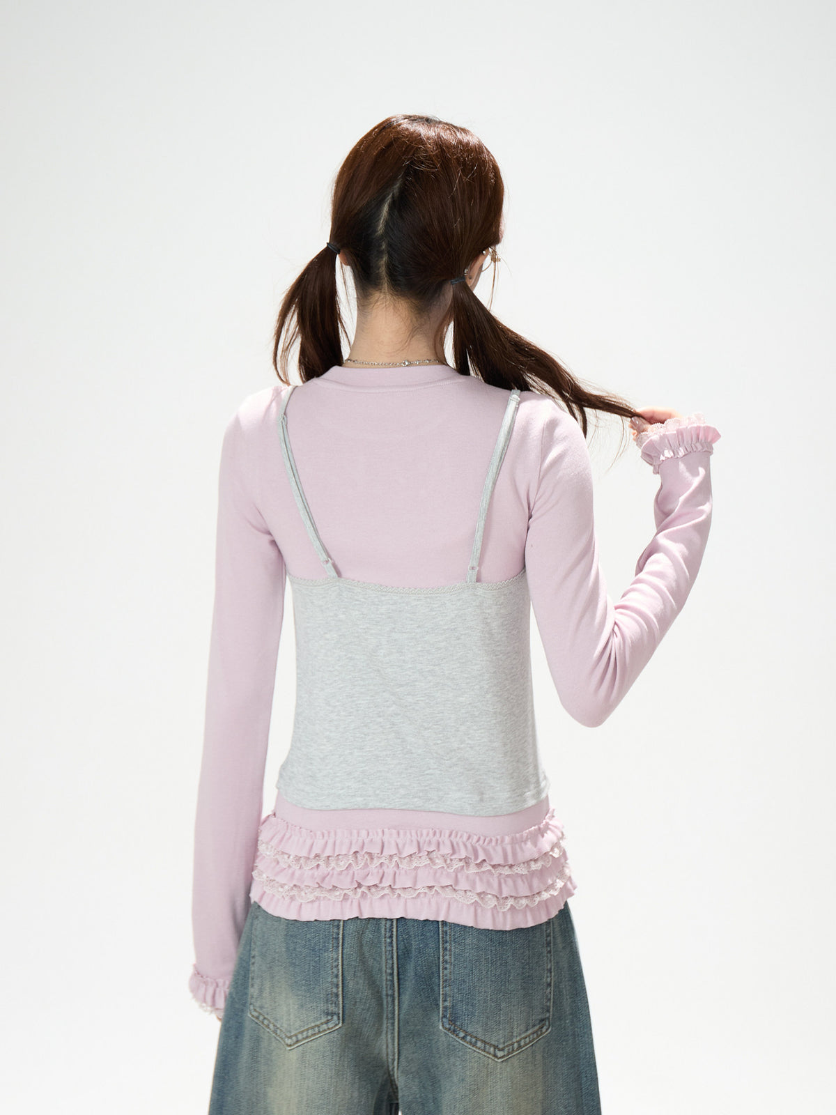 Gray-Pink Faux-Layered Lace Ruffle Long Sleeve Top