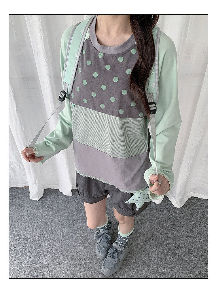 Polka Dot Stripe Lace-Trim Patchwork Long Sleeve Top