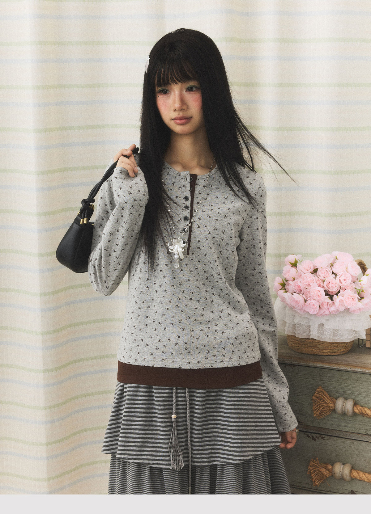 Floral Henley Faux-Layer Long Sleeve Top