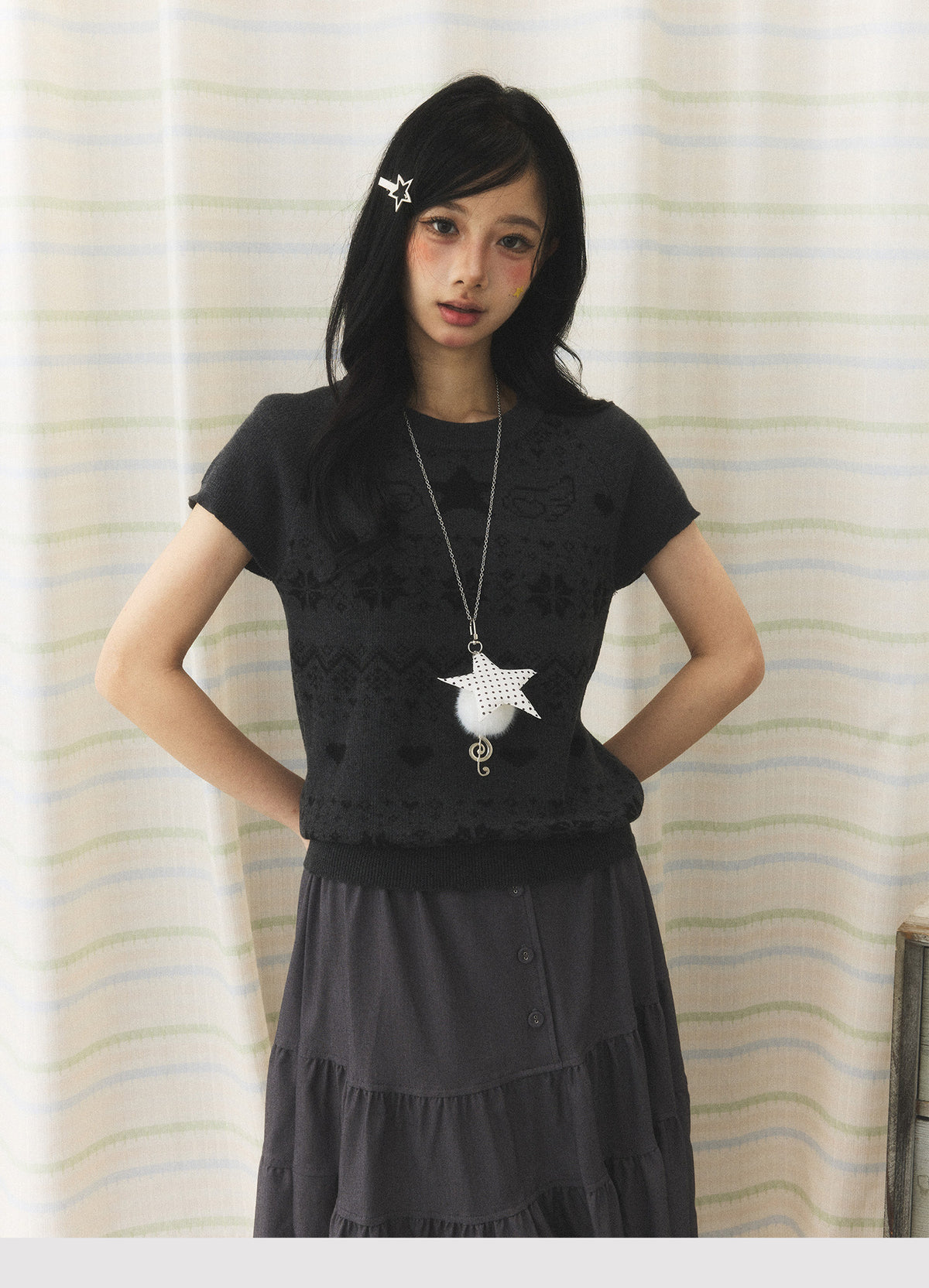 Vintage Jacquard Knit Short Sleeve Top