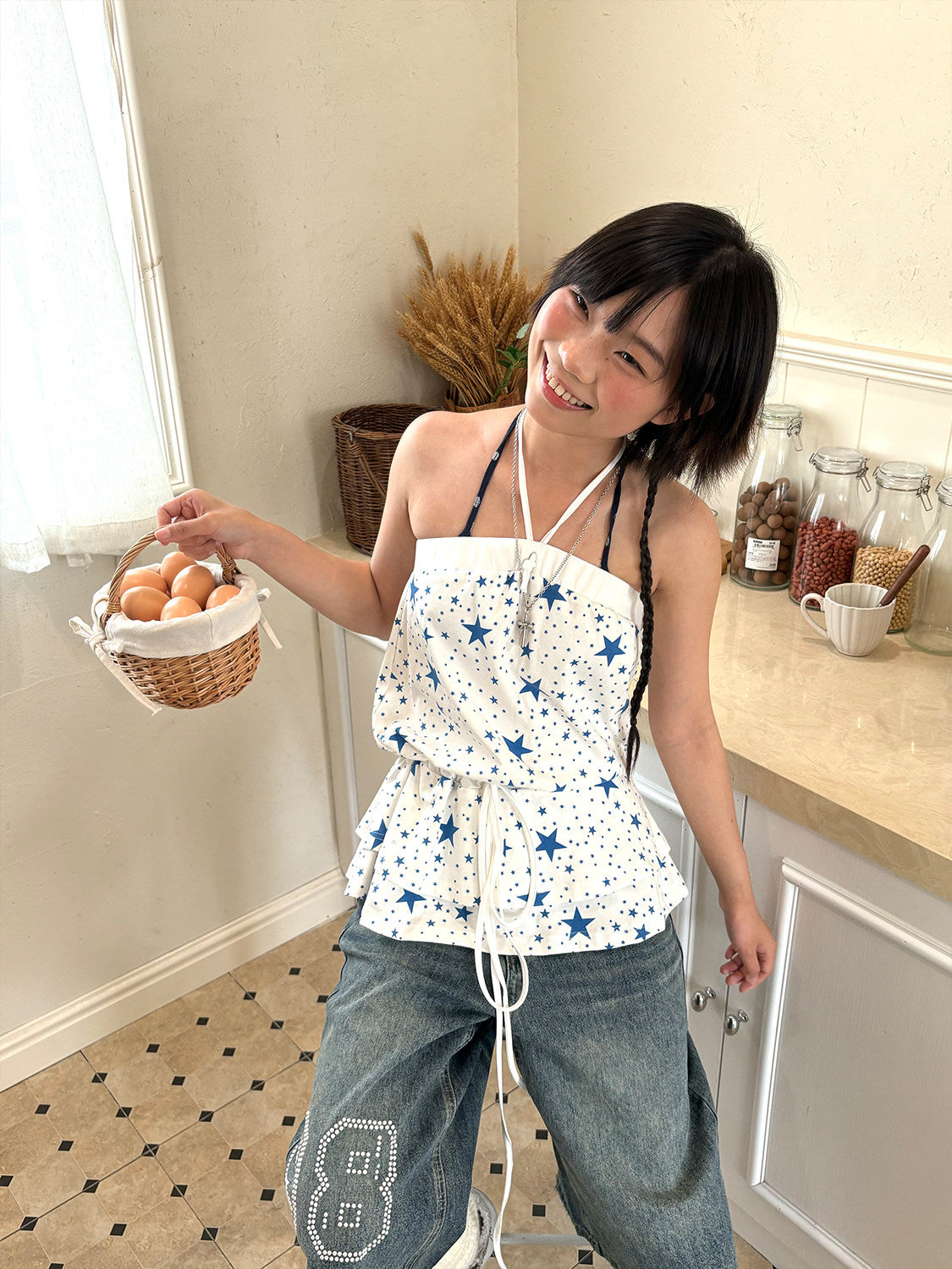 Blue Star Halter Ruffle-Hem Cami Top