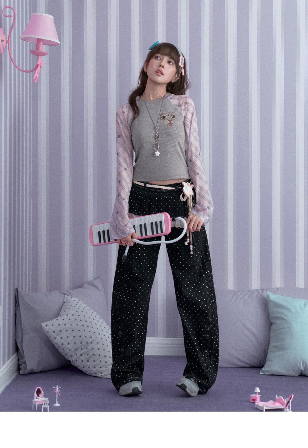 Polka Dot Wide-Leg Jeans & Detachable Lace Layering Skirt