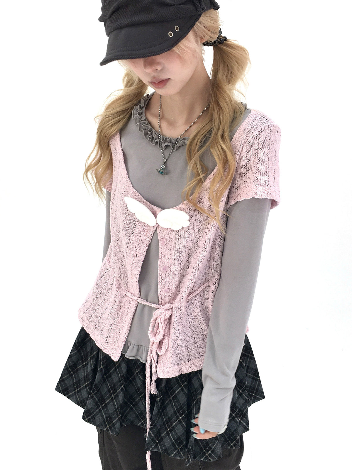 Blush Angel Wing Faux-Layer Knit Long Sleeve Top