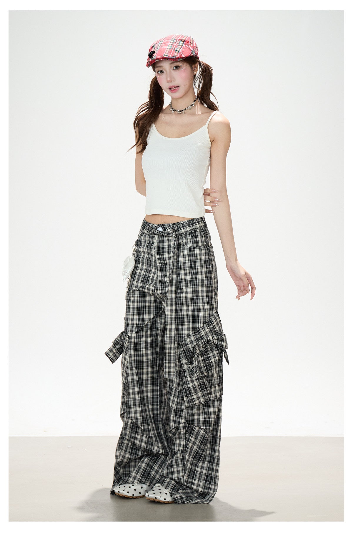 Bow Plaid Cargo Wide Leg Pants