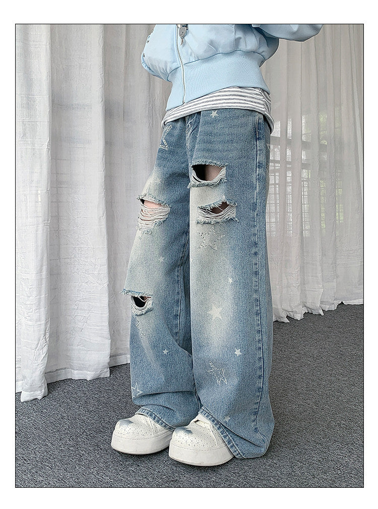 Blue Star Ripped Wide-Leg Jeans