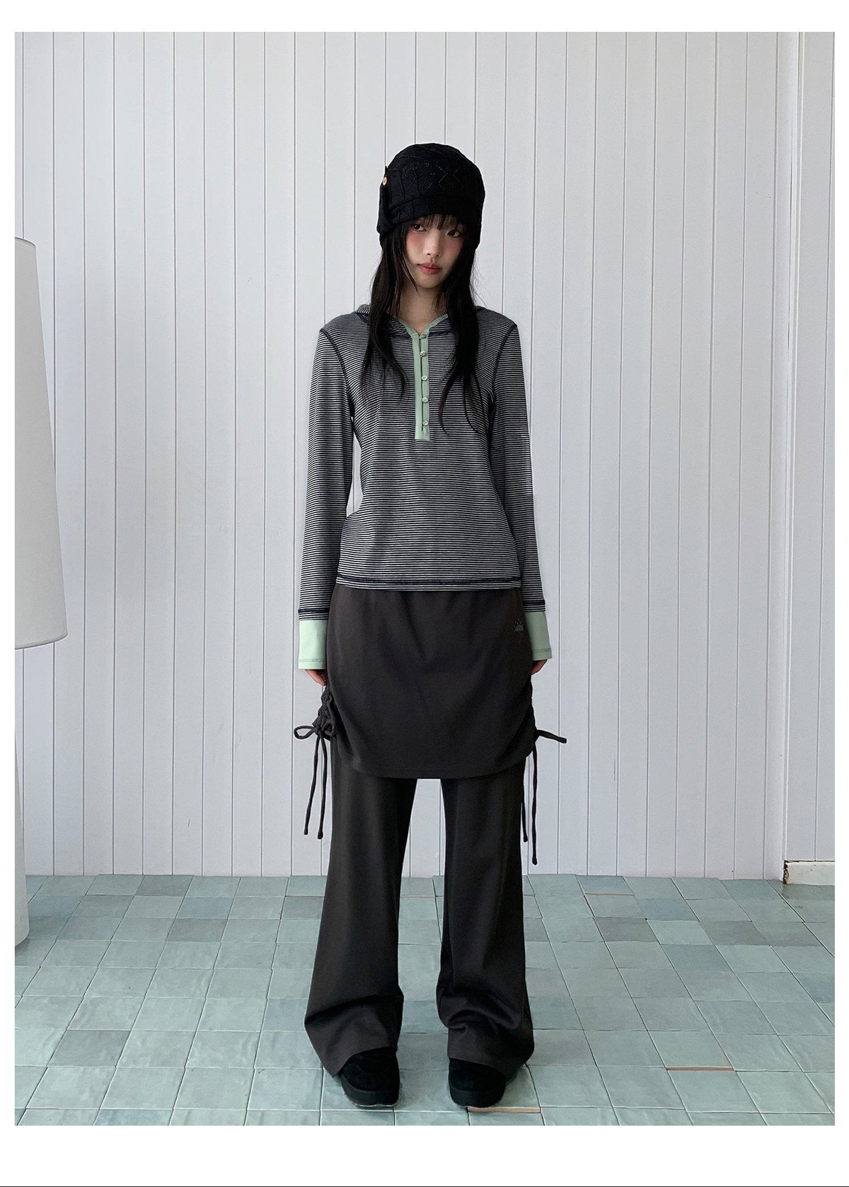 Blue-Gray Stripe Contrast Hooded Long Sleeve Top