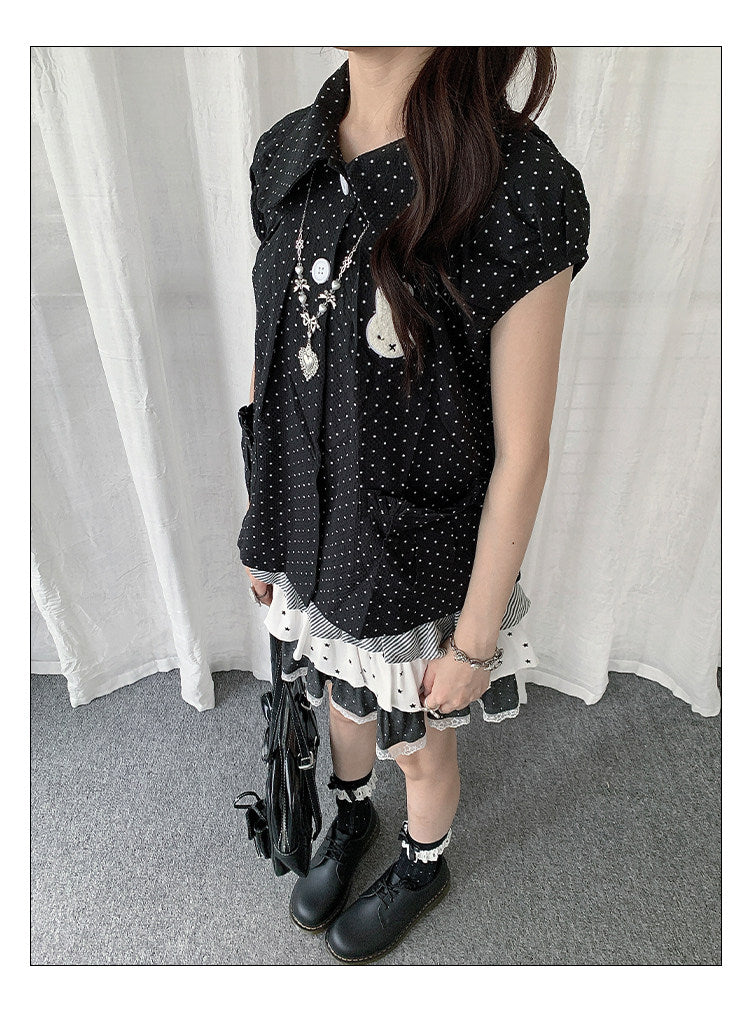 Polka Dot Bunny Patch Puff-Sleeve Shirt