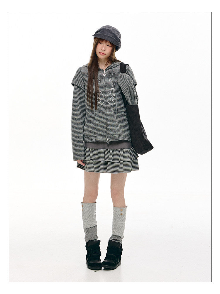 Charcoal Stripe Double-Ruffle A-Line Mini Skirt