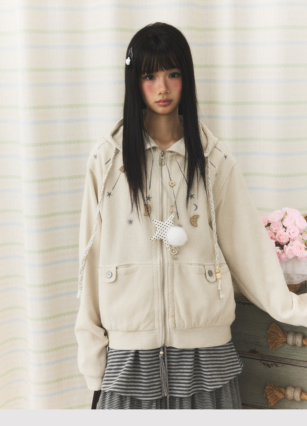 Star & Moon Embroidered Zip-Up Hoodie