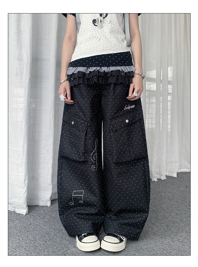 Polka Dot Music Note Embroidered Cargo Pants