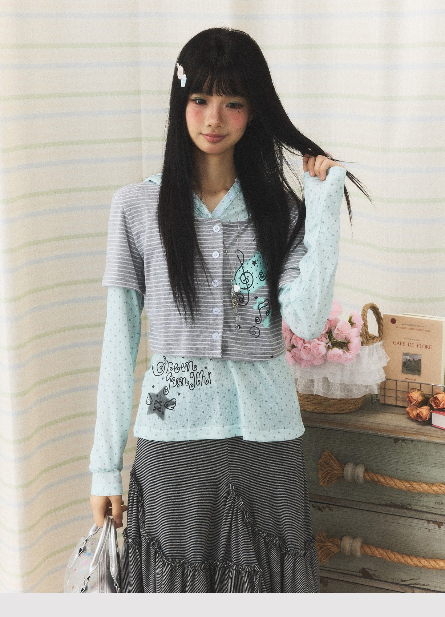 Mint Melody Faux-Layer Hooded Long-Sleeve Top