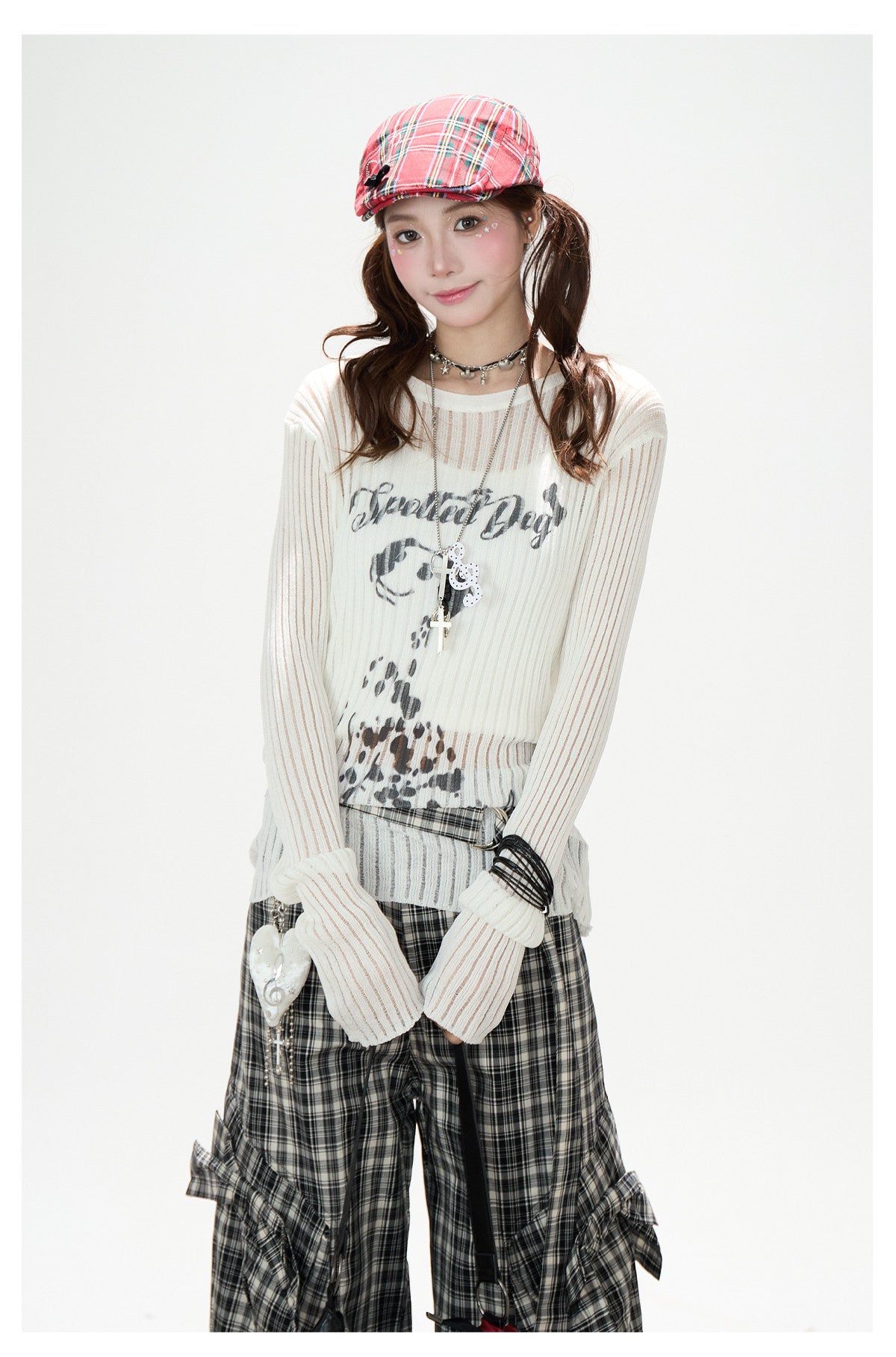 Dalmatian Sheer Knit Top & Black Plaid Ruffle Pants