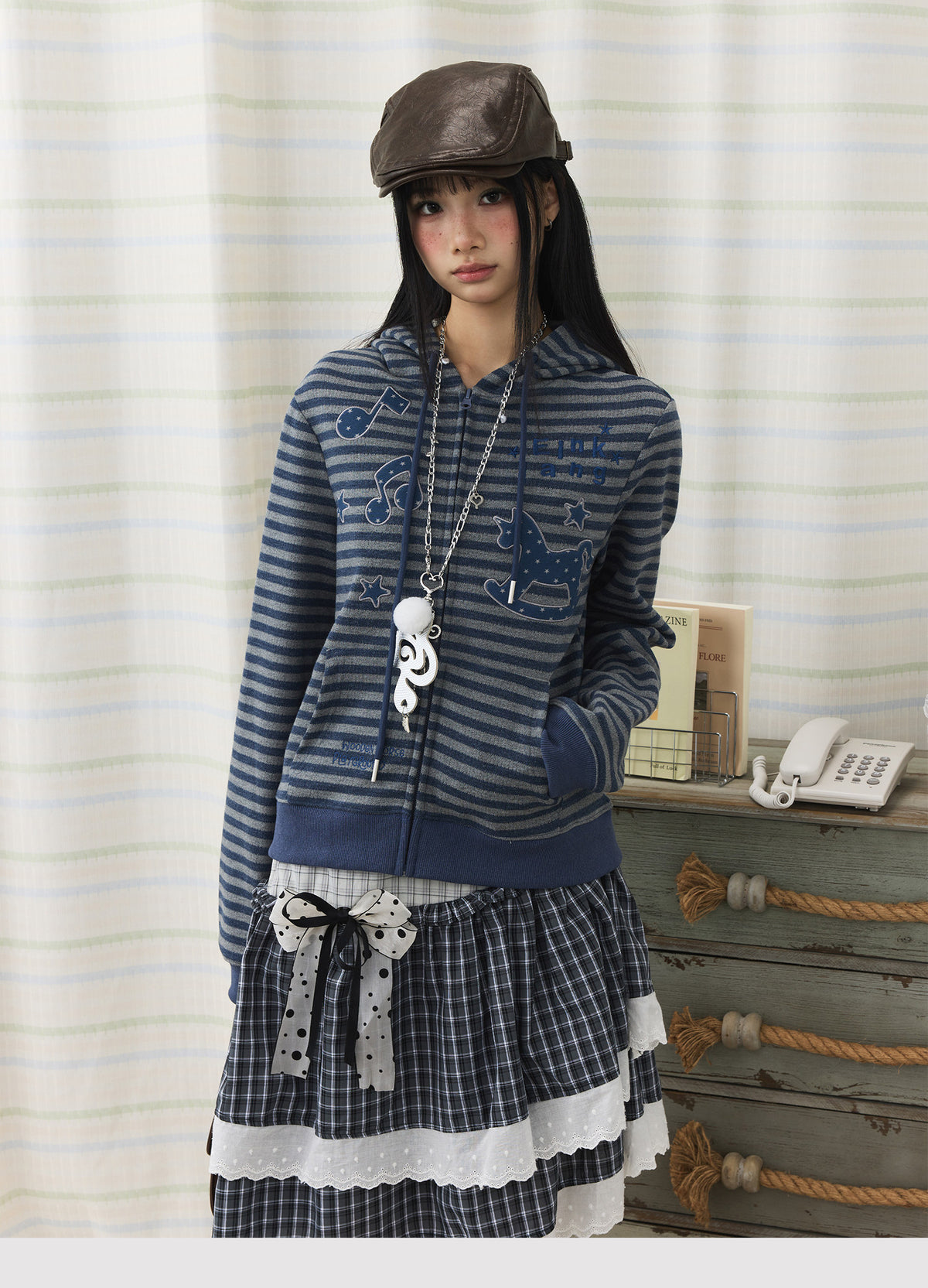 Striped Rocking Horse Embroidered Zip-Up Hoodie