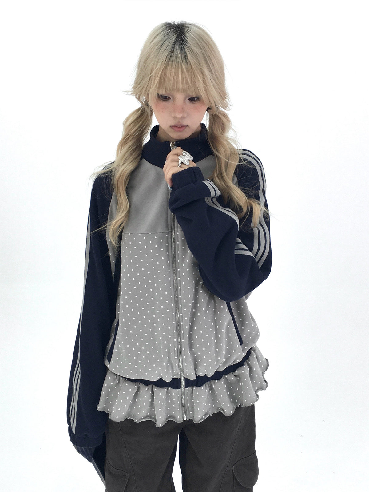 Gray Polka Dot Triple-Stripe Ruffle Zip Jacket