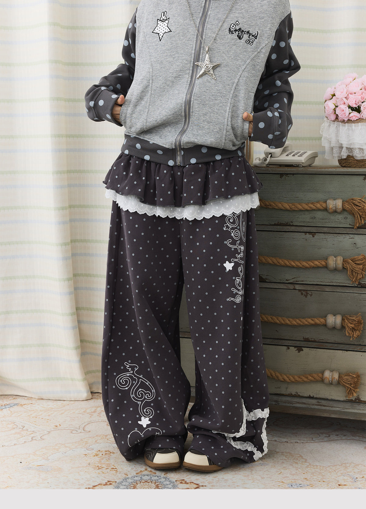 Polka Dot Lace Ruffle-Layer Wide-Leg Pants