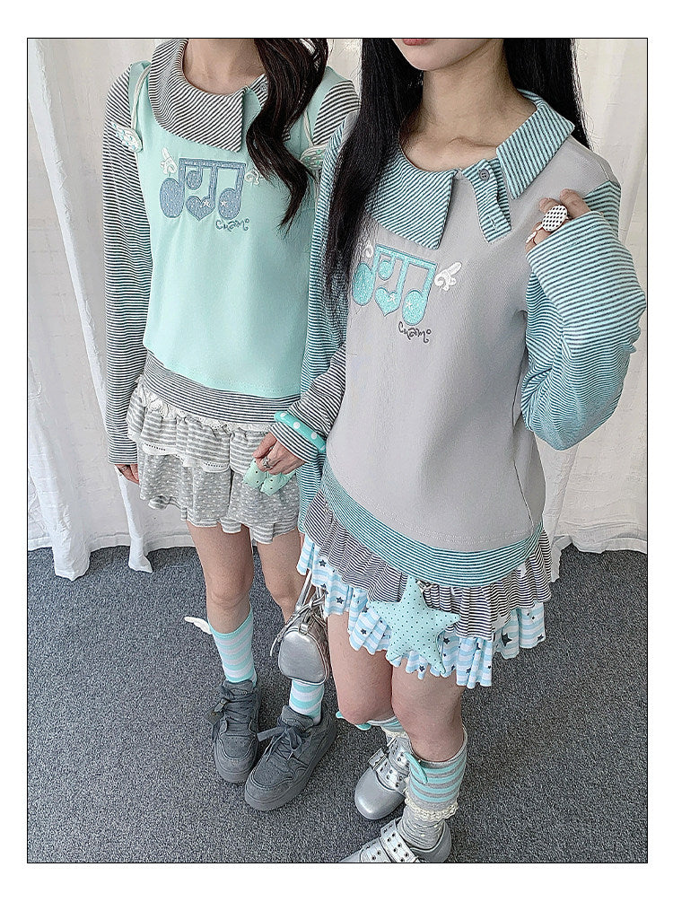 Music Note Embroidered Faux-Layered Long Sleeve Top