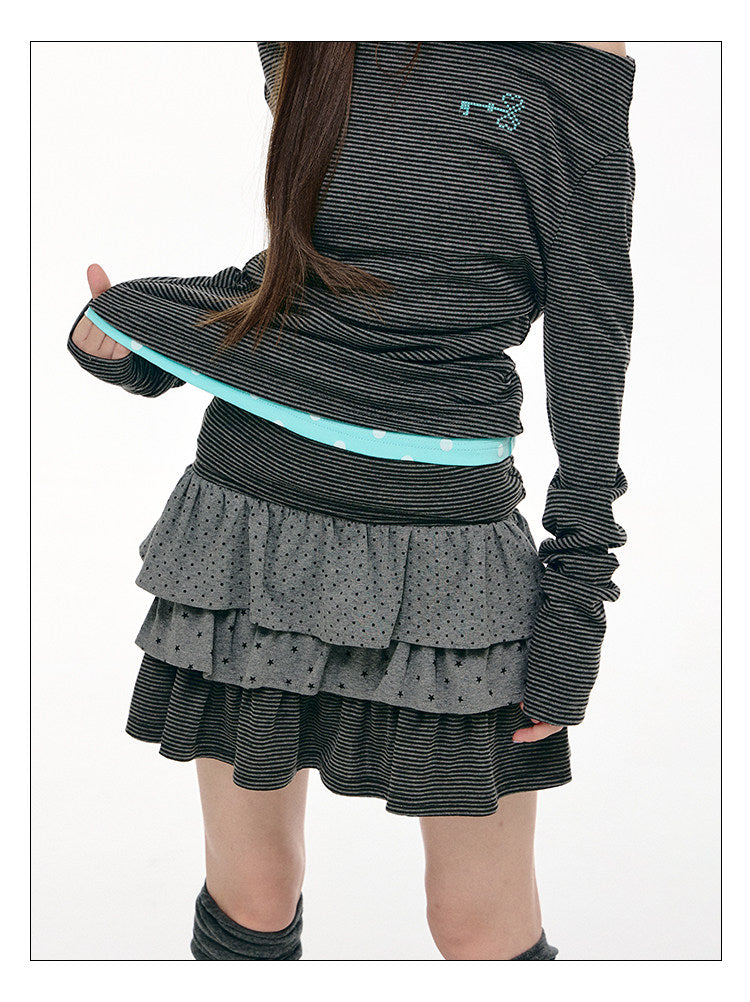 Charcoal Dot & Star Tiered Ruffle Mini Skirt