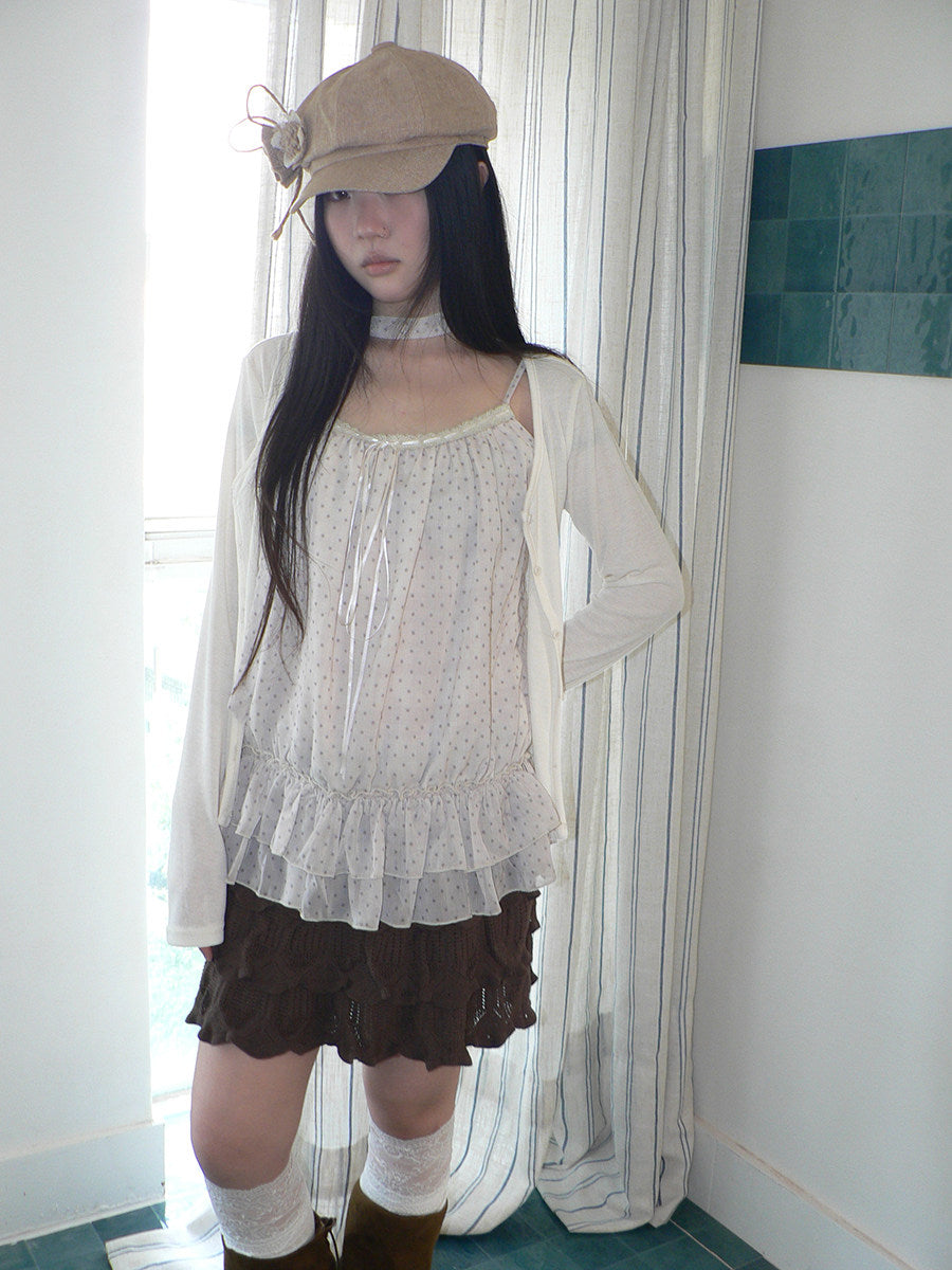 Polka Dot Ruffle Camisole & Cardigan Set with Scarf