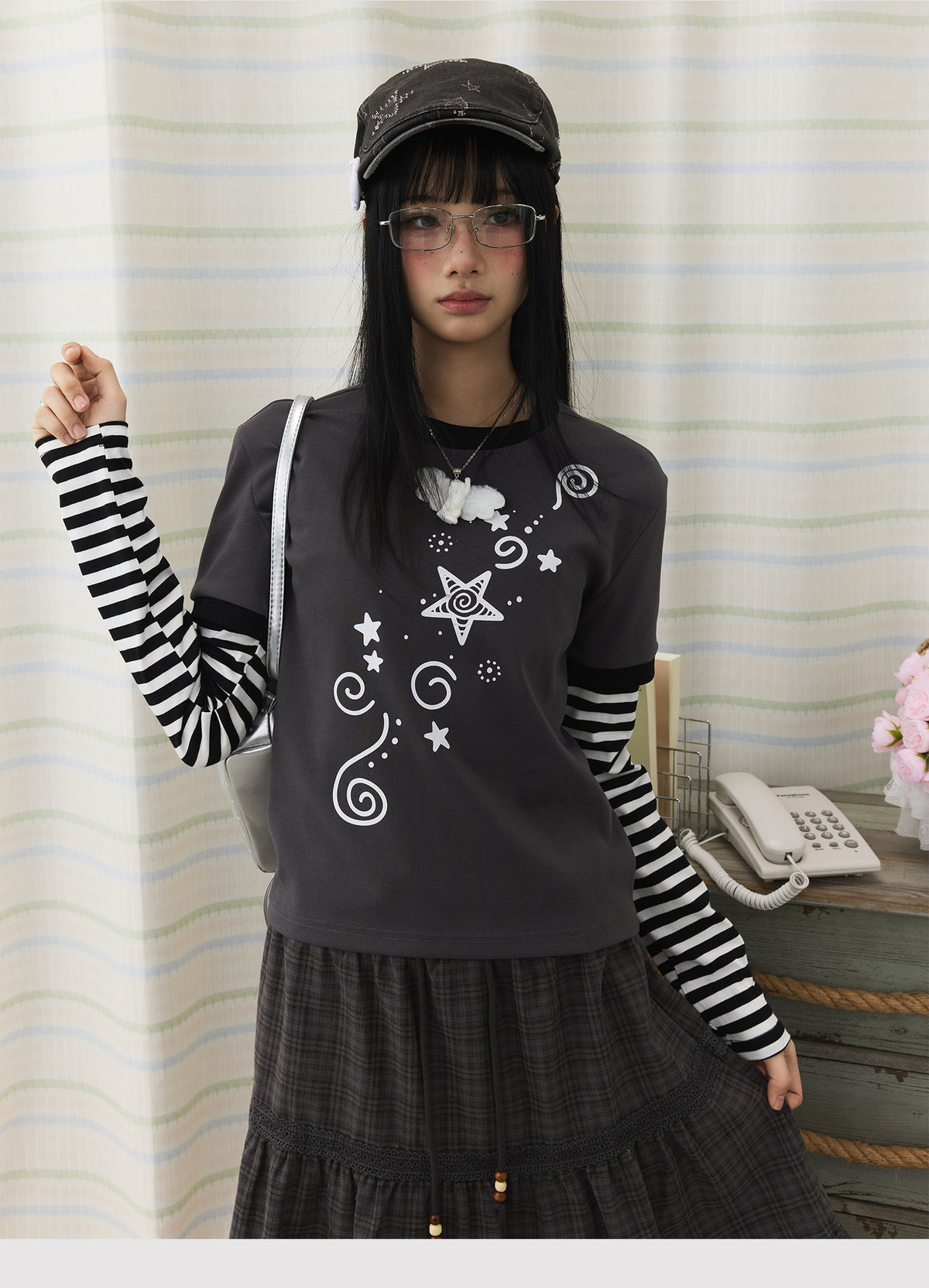 Star Swirl Striped Faux-Layer Long Sleeve Top
