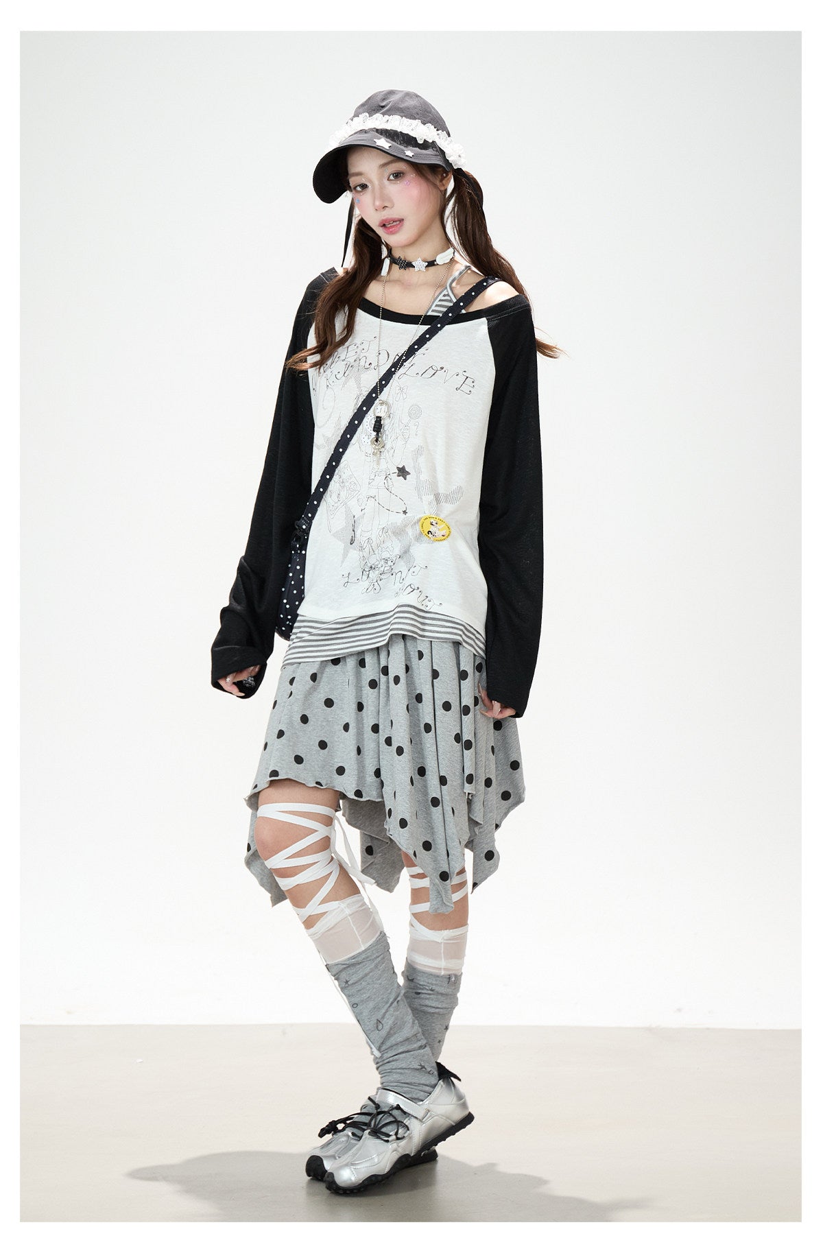 Faux Layered Off-Shoulder Graphic Long Sleeve Top