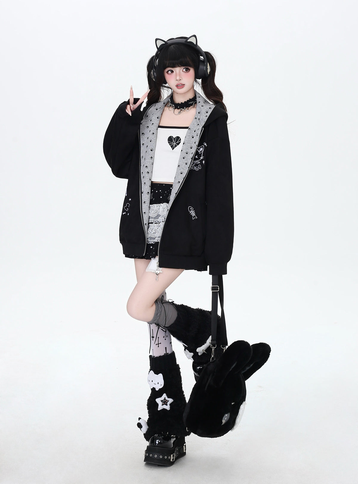 Cat Paw Embroidered Cat-Ear Zip Hoodie