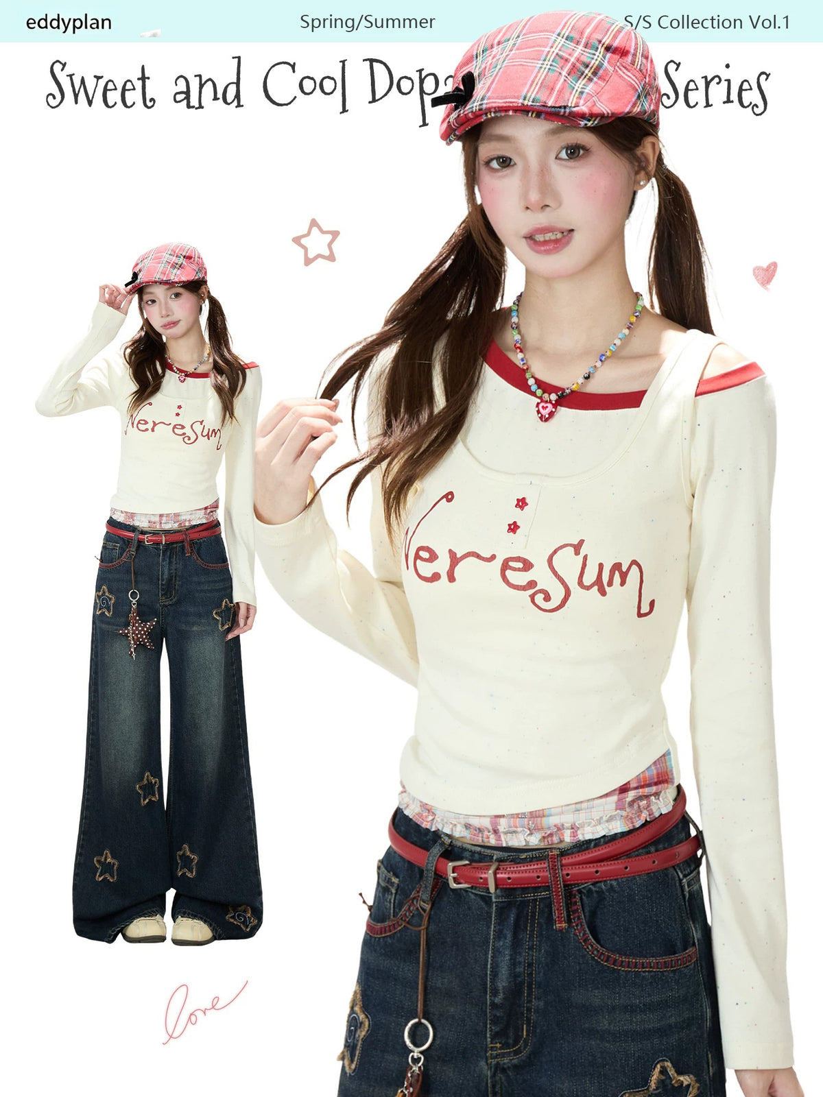 Letter Print Layered Long Sleeve Top & Star Patch Wide-Leg Jeans
