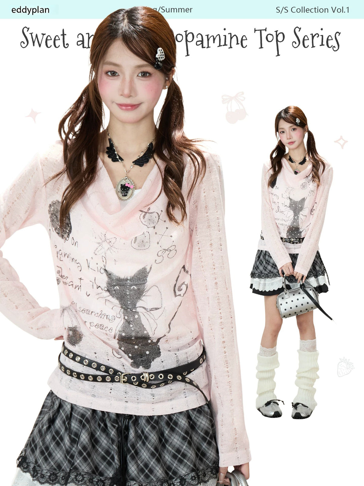 Graffiti Cutout Cowl-Neck Long Sleeve Top & Star Plaid Mini Skirt