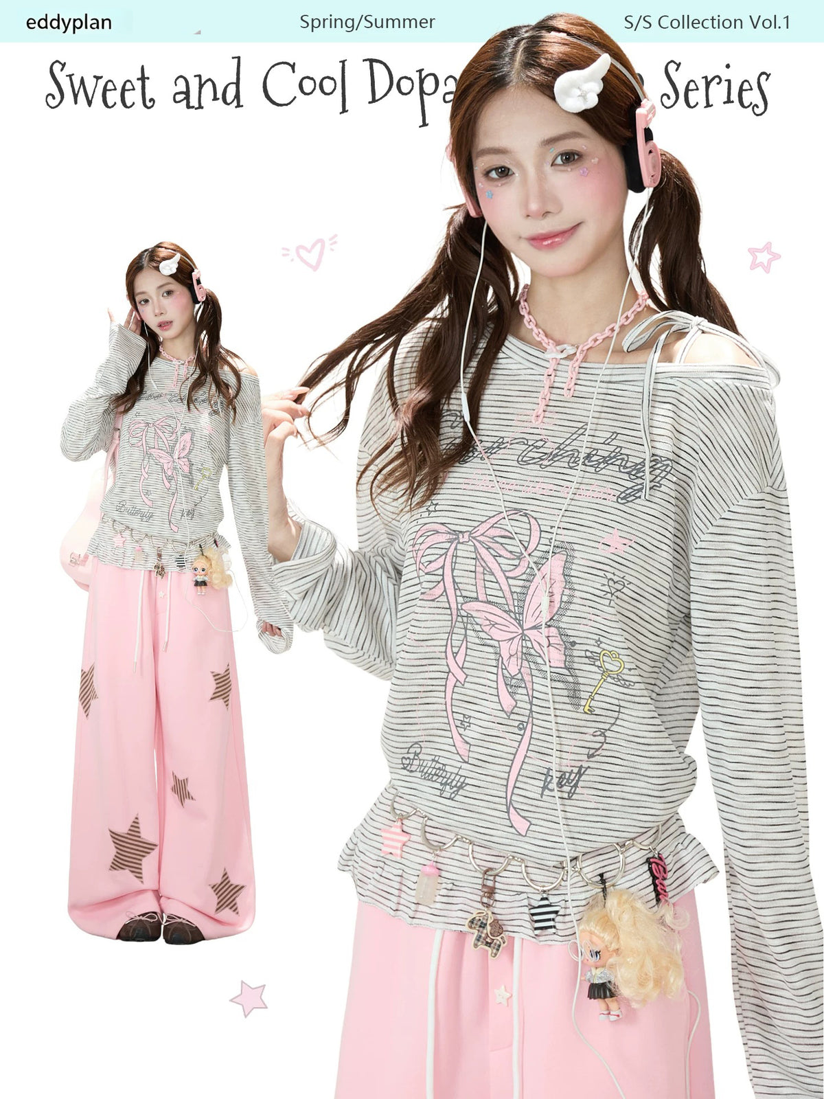 Bow Stripe Off-Shoulder Long Sleeve Top & Pink Wide-Leg Pants