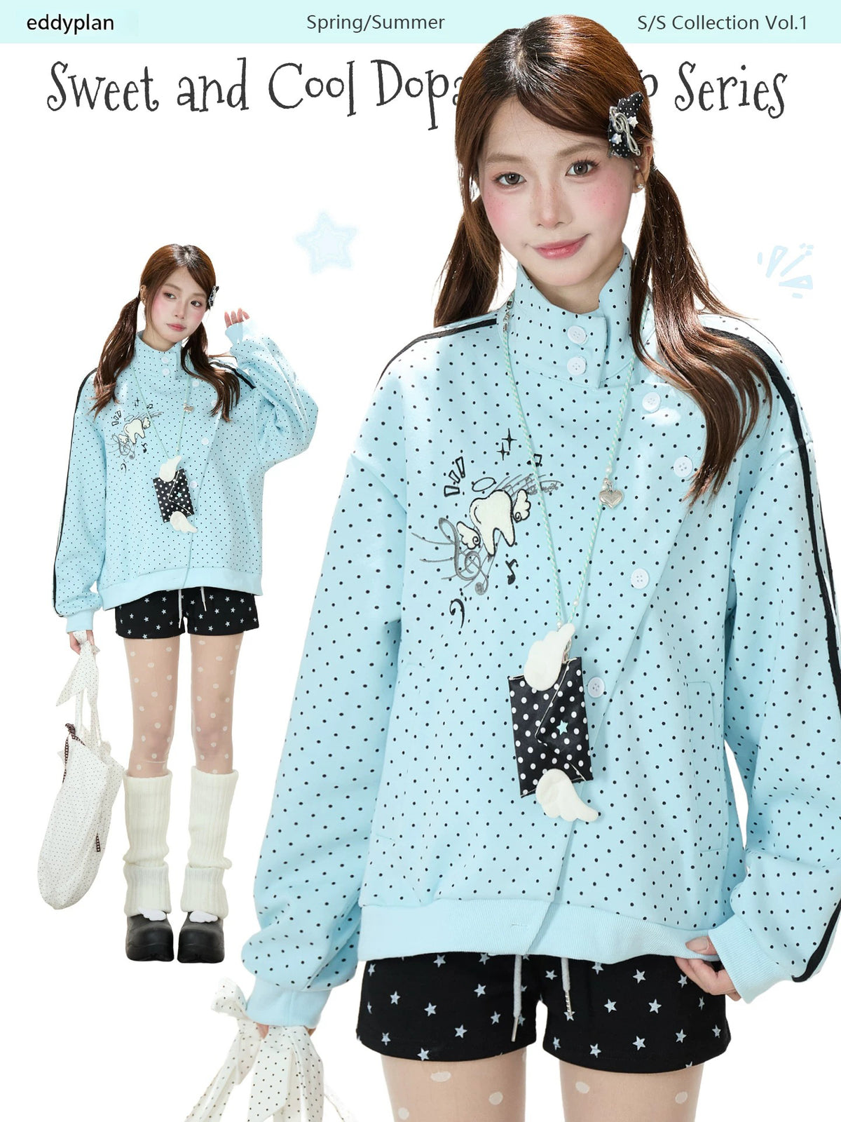 Polka-Dot Stripe Asymmetric Button Jacket & Star Print Shorts