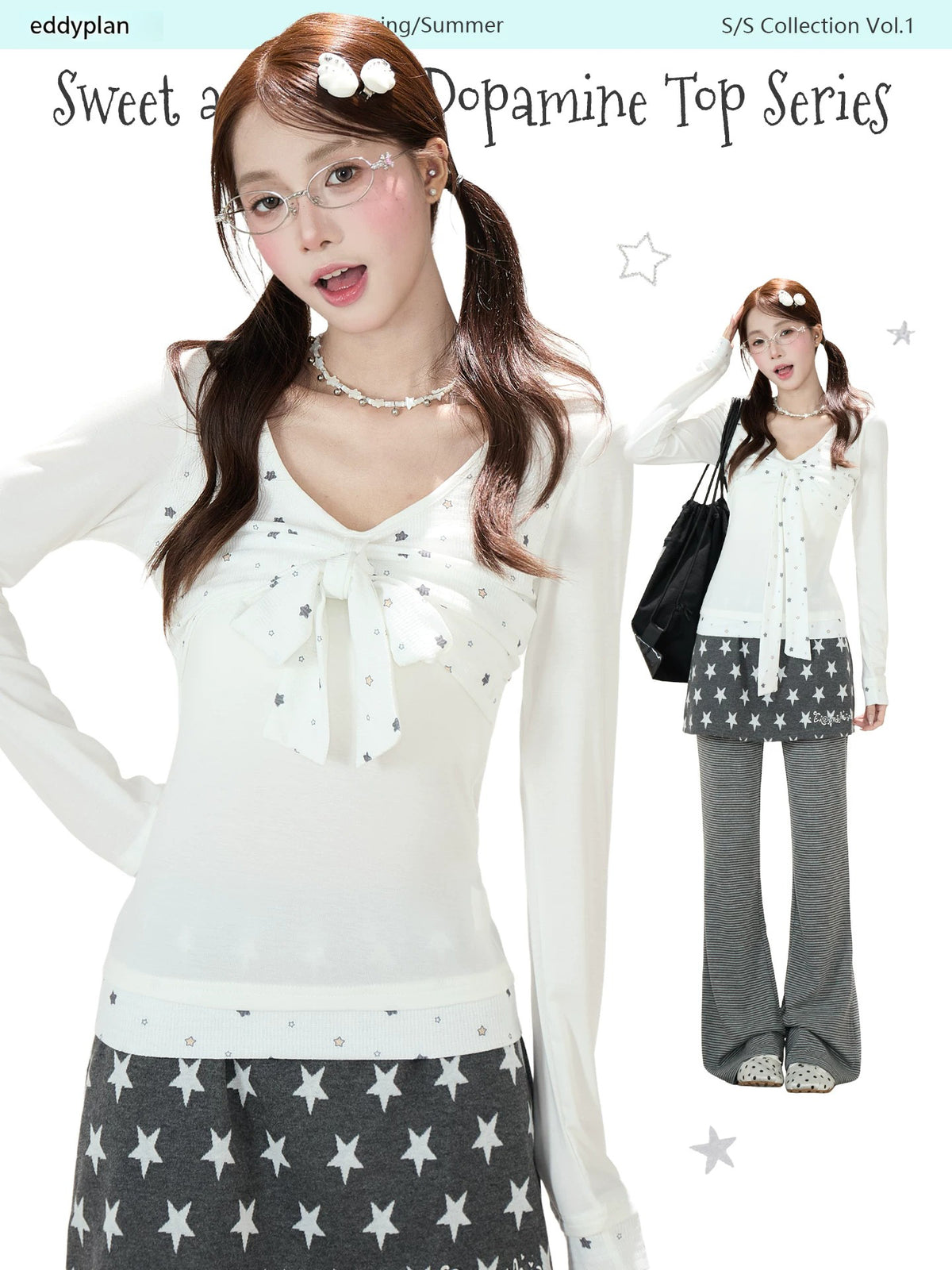 Star Bow-Tie Long Sleeve Top & Star Skirt-Layer Stripe Flared Pants