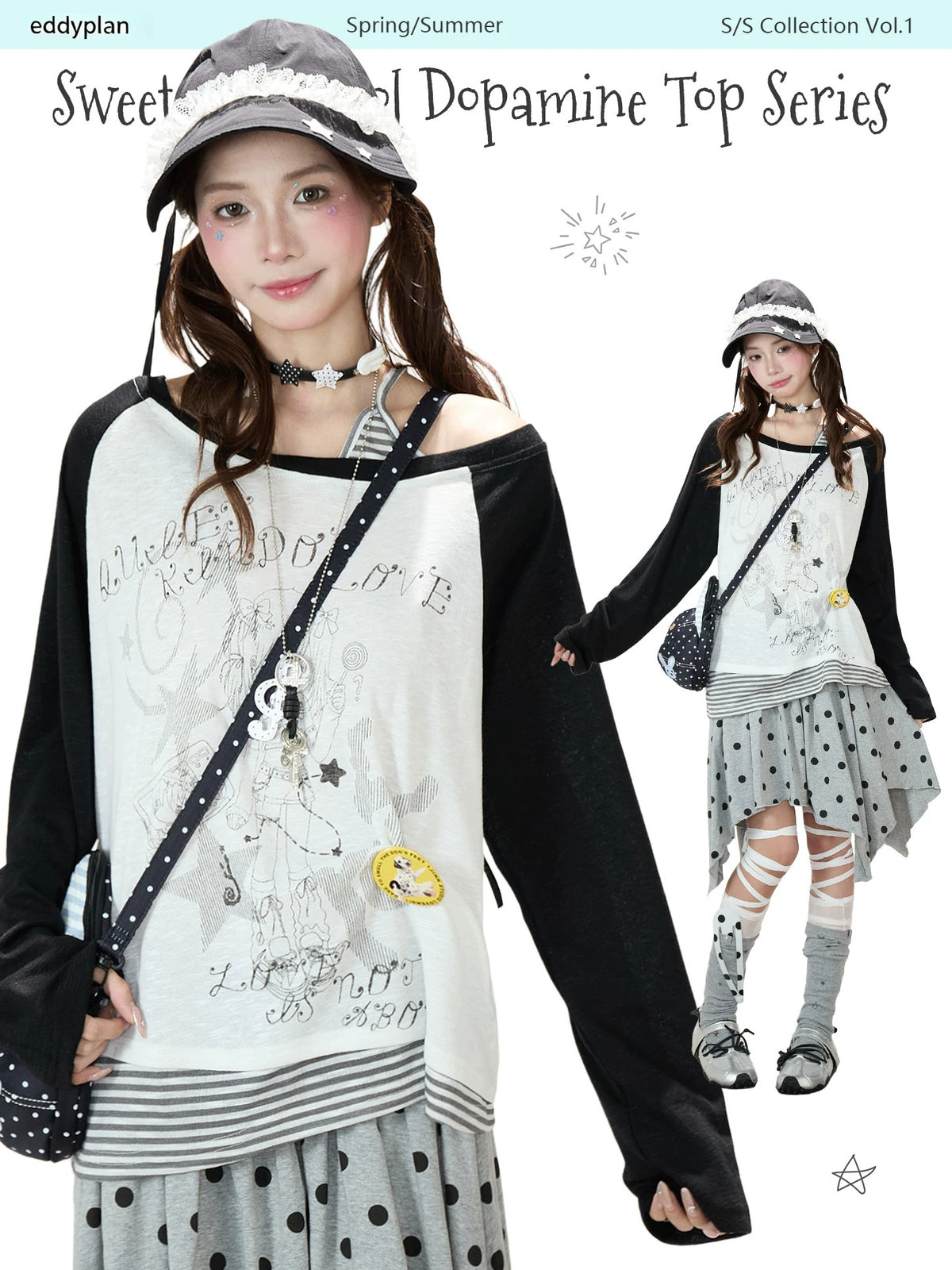 Cartoon Girl Off-Shoulder Long Sleeve Top & Asymmetric Polka-Dot Mini Skirt