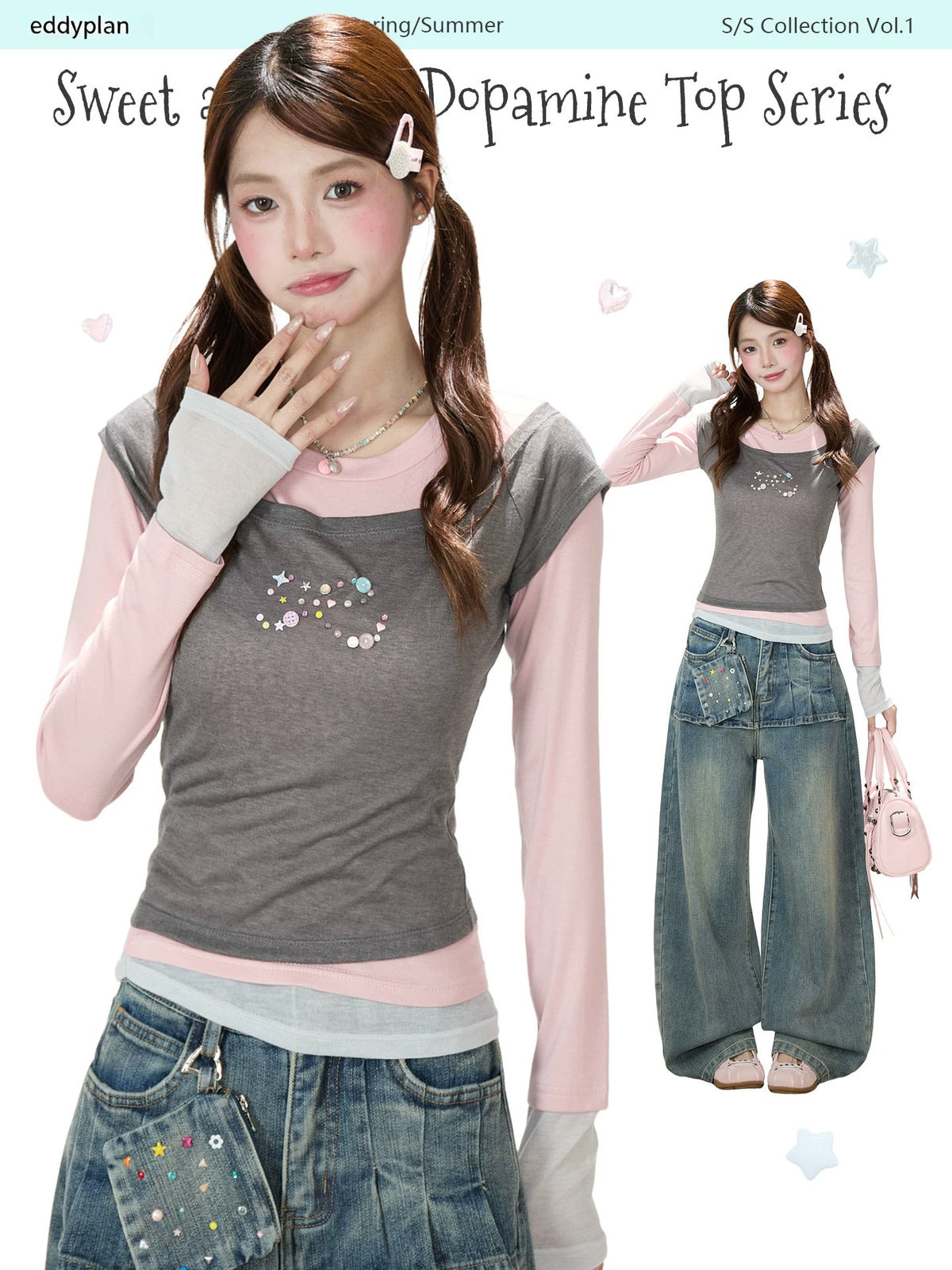 Layered Contrast Long Sleeve Top & Washed Wide-Leg Jeans