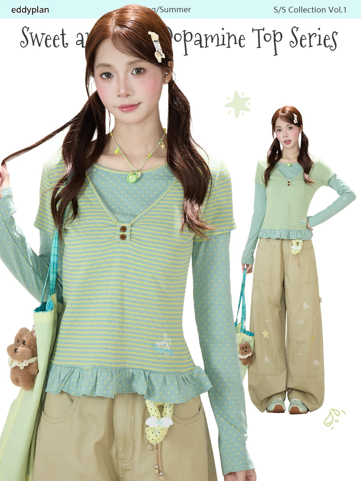 Polka-Dot Stripe Layered Long Sleeve Top & Embroidered Khaki Wide-Leg Cargo Pants