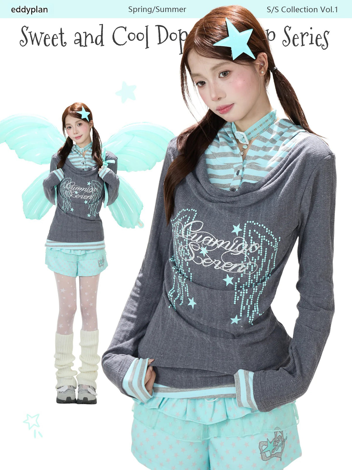 Angel Wing Graphic Hooded Stripe Layered Long Sleeve Top