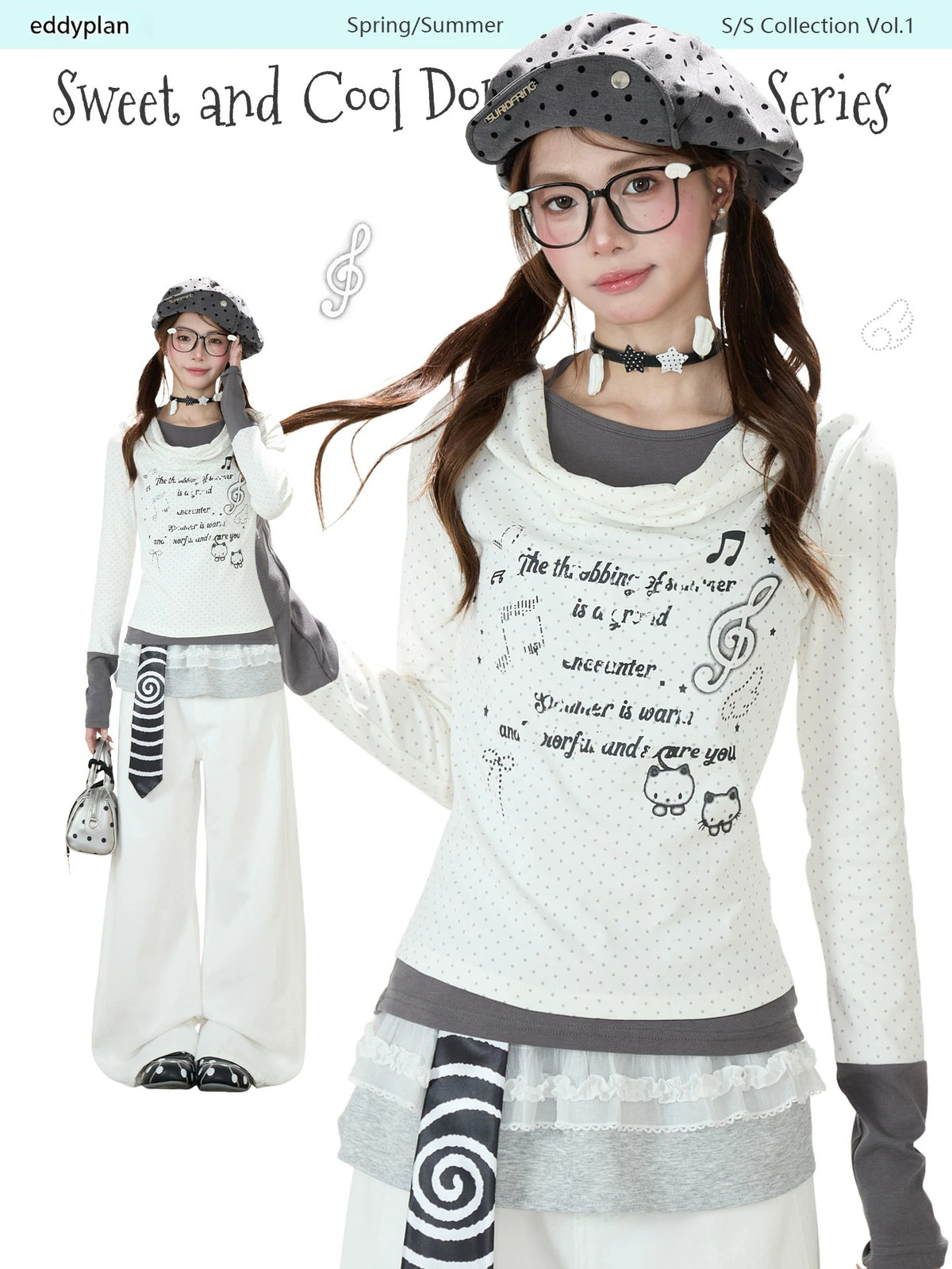 Music Note Cat Polka-Dot Layered Long Sleeve Top & White Wide-Leg Pants