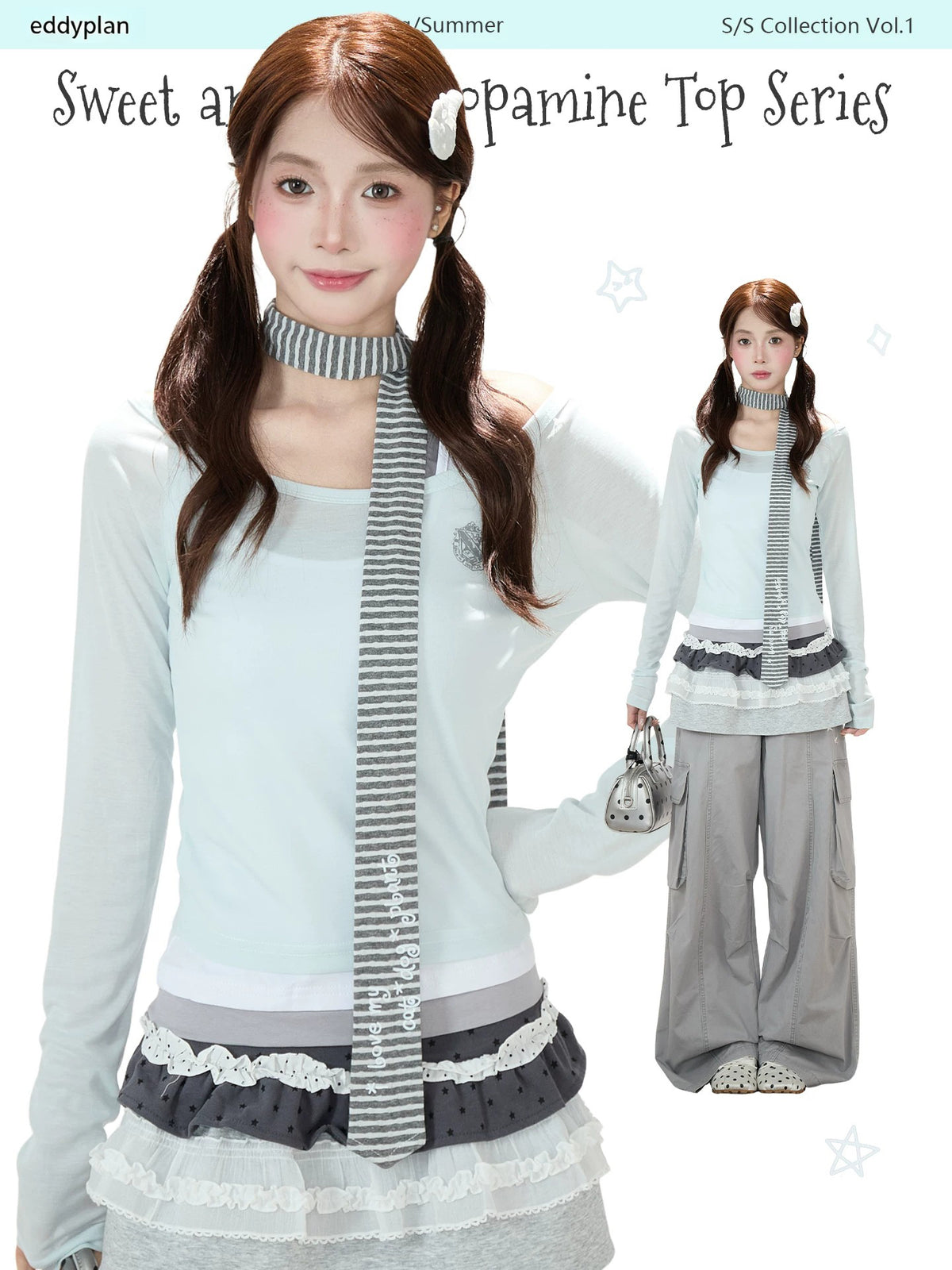 Off-Shoulder Layered Two-Piece Top Set & Gray Wide-Leg Cargo Pants