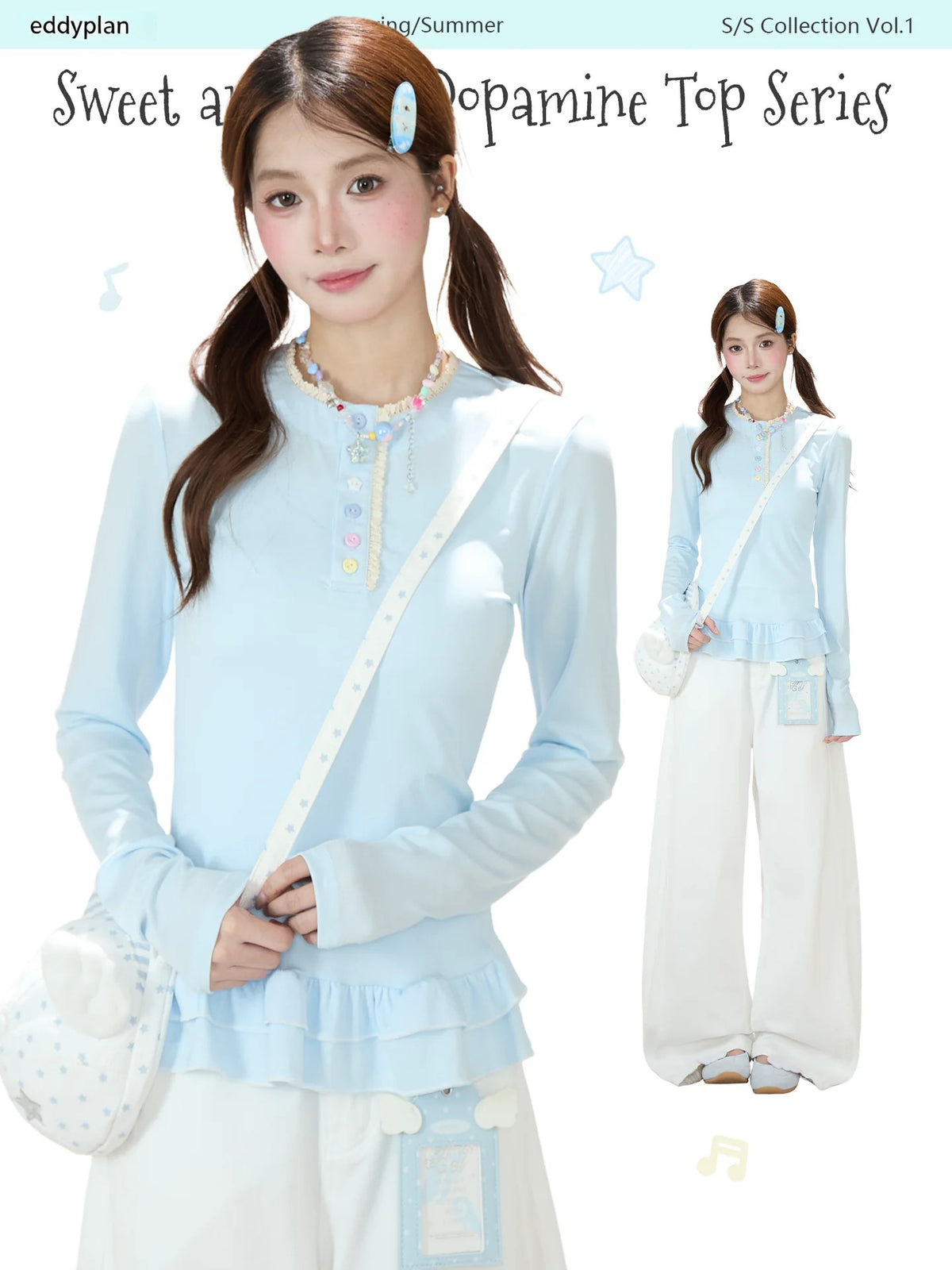 Ruffle Hem Button Long Sleeve Top & White Wide-Leg Pants