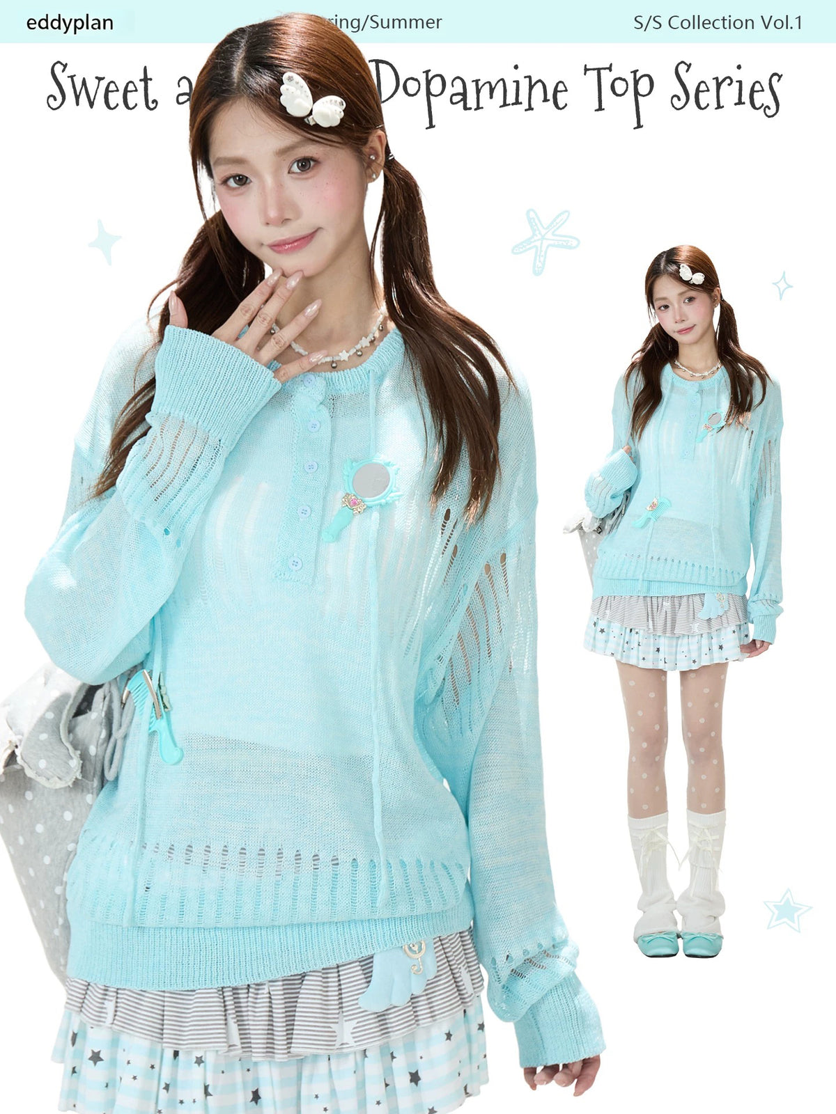 Openwork Knit Long Sleeve Top & Light Blue Layered Ruffle Mini Skirt