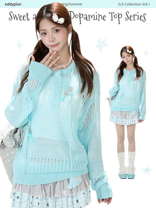 Openwork Knit Long Sleeve Top & Light Blue Layered Ruffle Mini Skirt