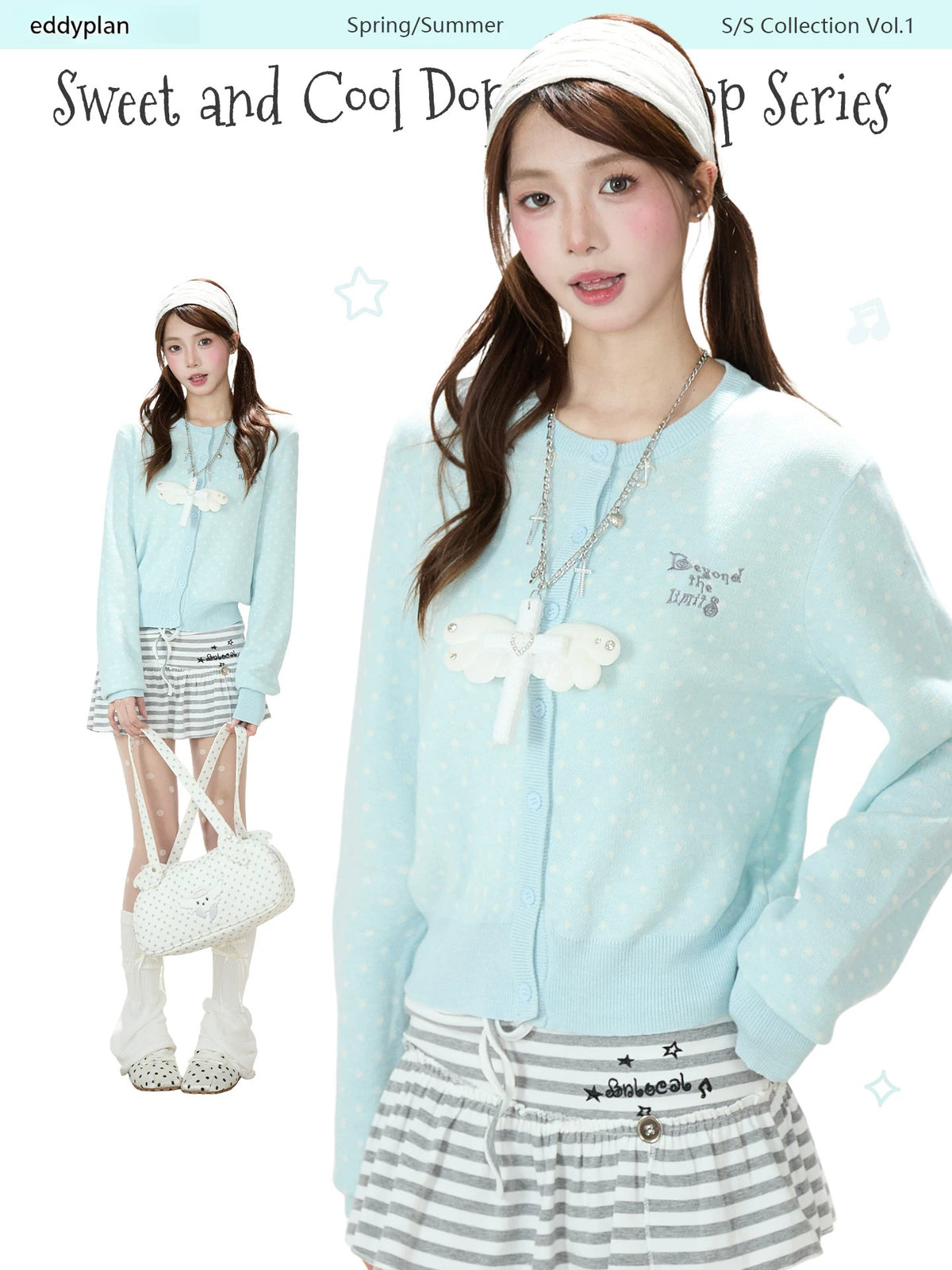 Polka-Dot Soft Knit Cardigan & Gray Mini Skirt