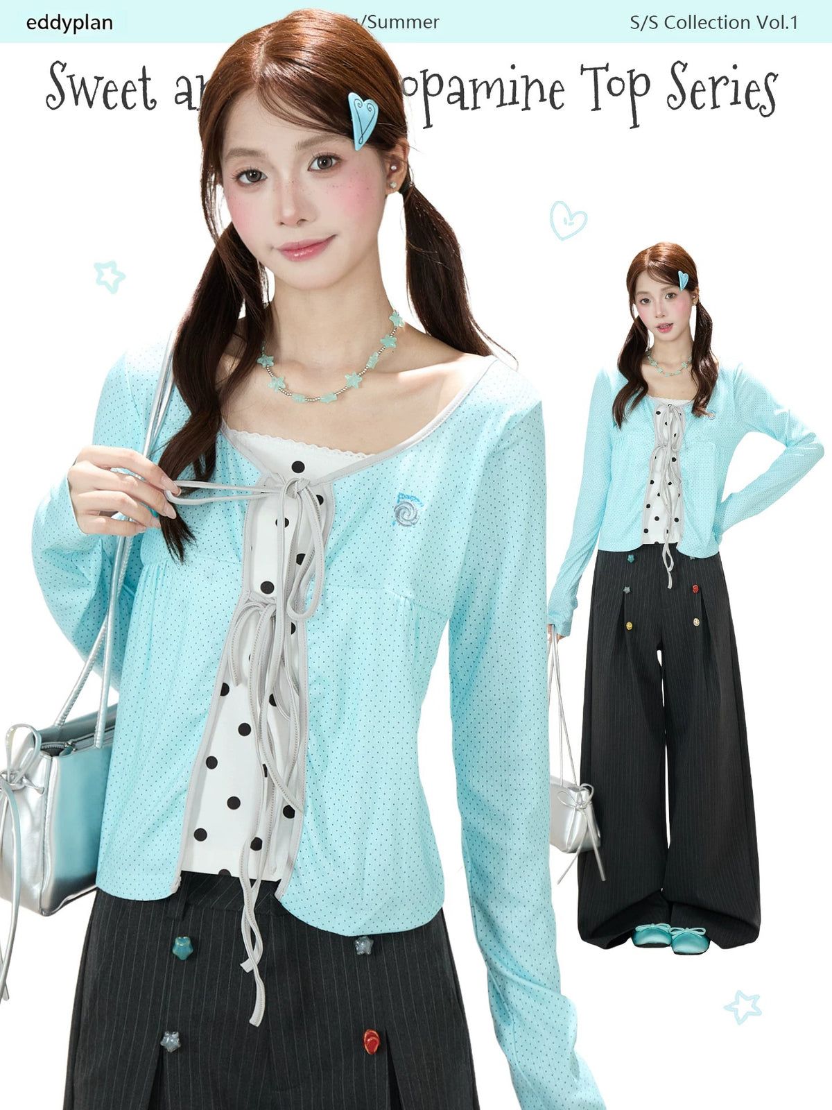 Polka-Dot Tie-Front Layered Long Sleeve Top & Pinstripe Button Wide-Leg Pants