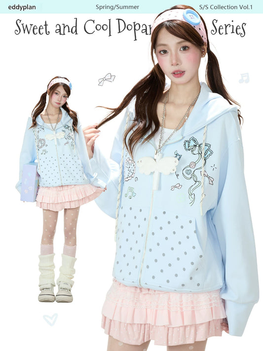 Hand-Drawn Polka-Dot Zip-Up Hoodie & Pink Ruffle Mini Skirt
